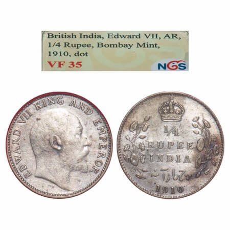 Edward VII, Silver, 1/4 Rupee, 1910, Bombay Mint, Dot. F. Prid Unlisted. GK 979. NGS Slabb