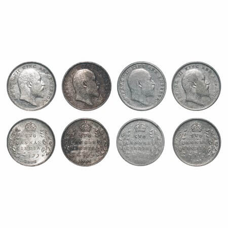 Edward VII, Silver, 2 Annas, (4 coins), 1903, 1906, 1907, 1908, Calcutta Mint, No mint mar
