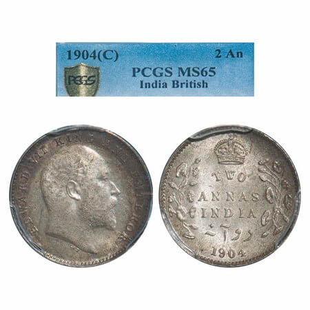 Edward VII, Silver, 2 Annas, 1904, Calcutta Mint, No mint mark. F. Prid 557. GK 981. PCGS 