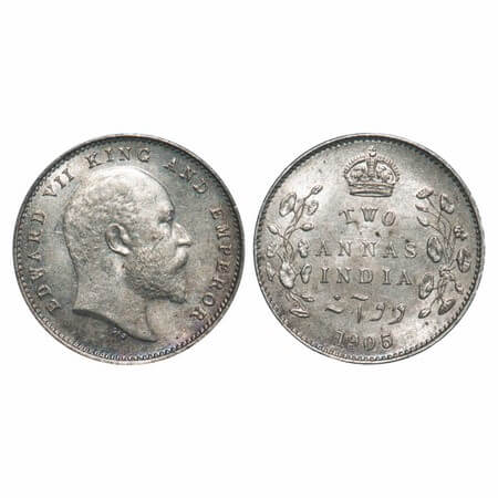 Edward VII, Silver, 2 Annas, 1905, Calcutta Mint, No mint mark. F. Prid 558. GK 982. Uncir