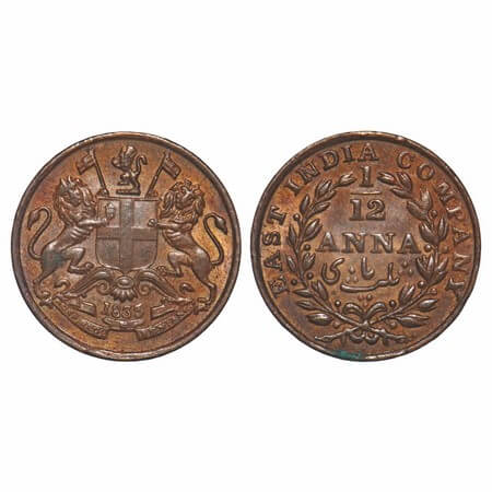 William IV, Copper, 1/12 Anna, 1835, Madras Mint, Rev II, Rev aligned, Wreath with 13 Berr