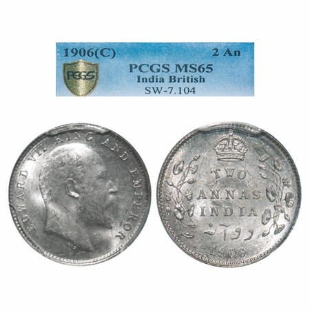 Edward VII, Silver, 2 Annas, 1906, Calcutta Mint, No mint mark. F. Prid 559. GK 983. PCGS 