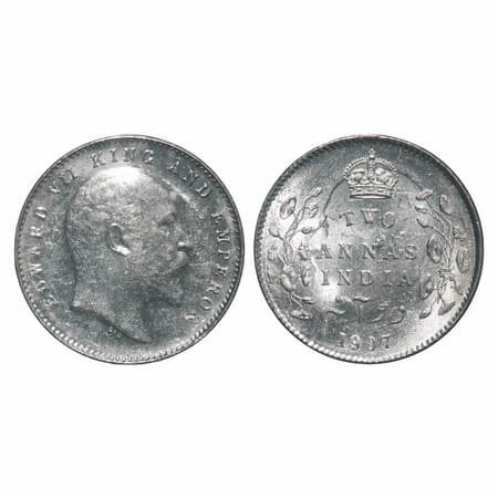 Edward VII, Silver, 2 Annas, 1907, Calcutta Mint, No mint mark, Ghost on Rev. F. Prid 560.