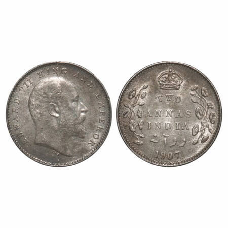 Edward VII, Silver, 2 Annas, 1907, Calcutta Mint, No mint mark, Die cracks on Obv, Ghost o