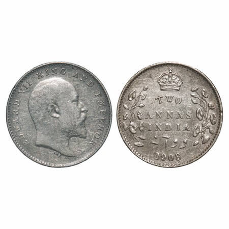 Edward VII, Silver, 2 Annas, 1908, Calcutta Mint, No mint mark. F. Prid 561. GK 985. Extre