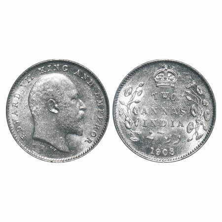 Edward VII, Silver, 2 Annas, 1908, Calcutta Mint, No mint mark. F. Prid 561. GK 985. Mint 