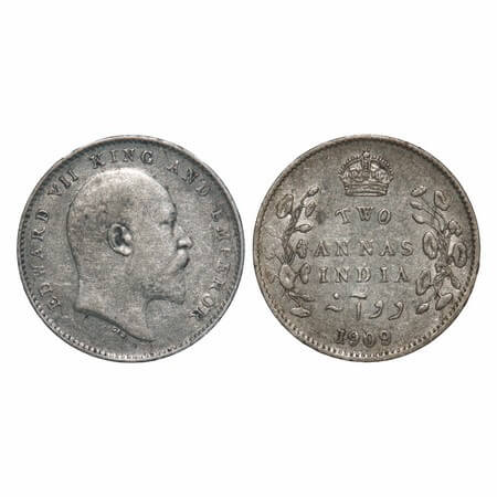 Edward VII, Silver, 2 Annas, 1909, Calcutta Mint, No mint mark. F. Prid 562. GK 986. Extre
