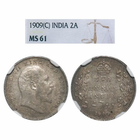 Edward VII, Silver, 2 Annas, 1909, Calcutta Mint, No mint mark. F. Prid 562. GK 986. NGC S