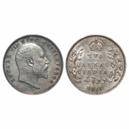 Edward VII, Silver, 2 Annas, 1910, Calcutta Mint, No mint mark. F. Prid 563. GK 987. Almos