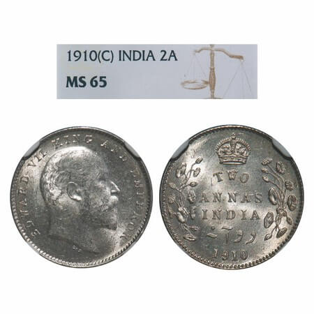 Edward VII, Silver, 2 Annas, 1910, Calcutta Mint, No mint mark. F. Prid 563. GK 987. NGC S