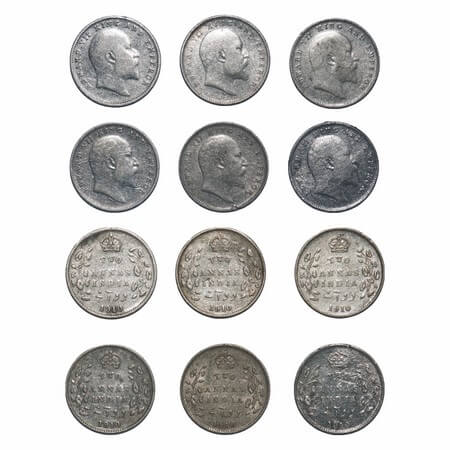 Edward VII, Silver, 2 Annas, (lot of 6 coins), 1910, Calcutta Mint, No mint mark. F. Prid 