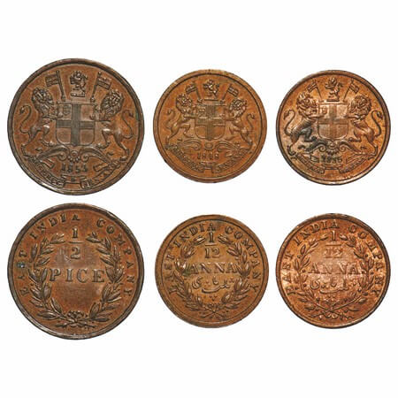William IV & Victoria Queen, Copper, (3 coins), 1) 1/12 Anna, 1835, Madras Mint, Head Type