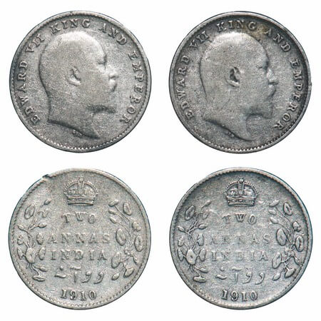 Edward VII, Silver, 2 Annas, (2 coins), 1910, Bombay Mint, Dot. F. Prid. Unlisted. GK 988.