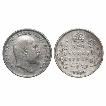 Edward VII, Silver, 2 Annas, 1910, Bombay Mint, Dot. F. Prid Unlisted. GK 988. Extremely F