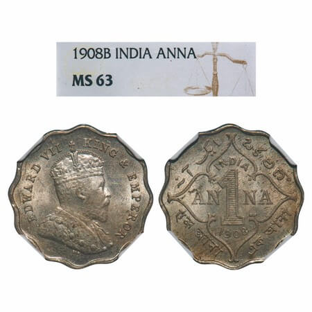 Edward VII, Copper-Nickel, 1 Anna, 1908, Bombay Mint, 'B' incused. F. Prid 927. GK 991. NG