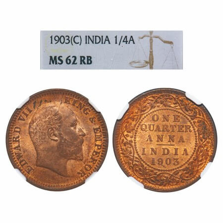 Edward VII, Copper, Quarter Anna, 1903, Calcutta Mint, No mint mark. F. Prid 646. GK 994. 