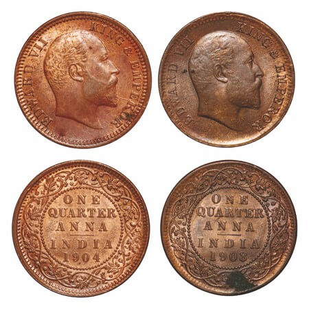 Edward VII, Mix-Metal, (2 coins), Quarter Anna, 1) Copper, 1904, Calcutta Mint, No mint ma