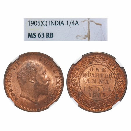 Edward VII, Copper, Quarter Anna, 1905, Calcutta Mint, No mint mark. F. Prid 649. GK 996. 