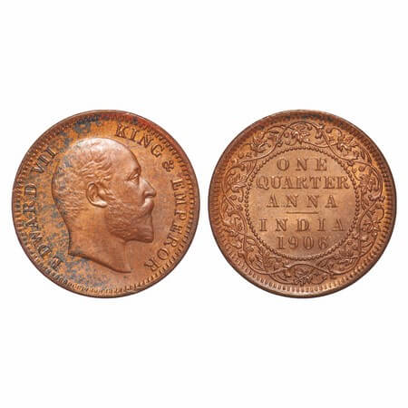 Edward VII, Copper, Quarter Anna, 1906, 6.65gm, Calcutta Mint, No mint mark, Error, Struck