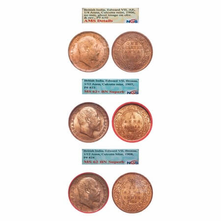 Edward VII, Mix-Metal, (3 slabs), 1) Copper, Quarter Anna, 1906, Calcutta Mint, No mint ma