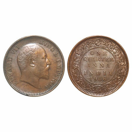 Edward VII, Bronze, Quarter Anna, 1906, (5.07gm), Calcutta Mint, No mint mark, Ghost on Re
