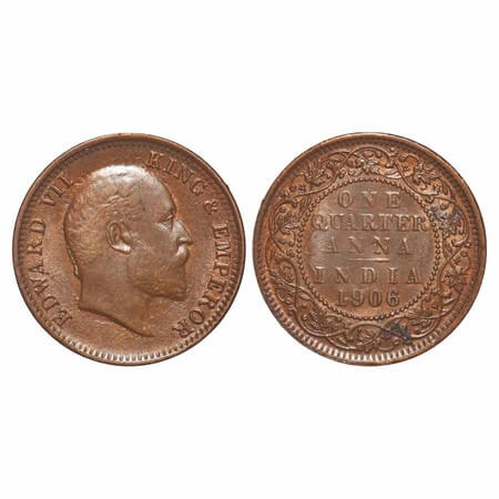 Edward VII, Bronze, Quarter Anna, 1906, (4.83 gm), Calcutta Mint, No mint mark, Complete s