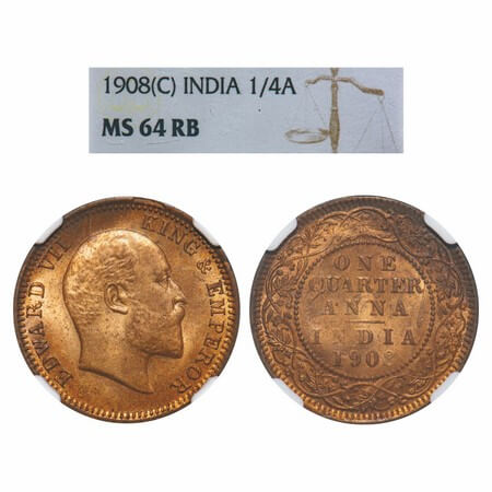 Edward VII, Bronze, Quarter Anna, 1908, Calcutta Mint, No mint mark. F. Prid 653. GK 1000.
