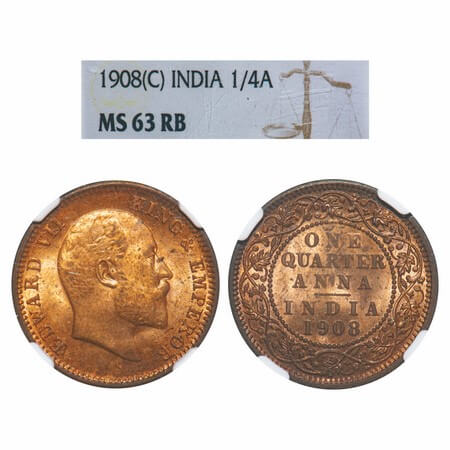 Edward VII, Bronze, Quarter Anna, 1908, Calcutta Mint, No mint mark. F. Prid 653. GK 1000.