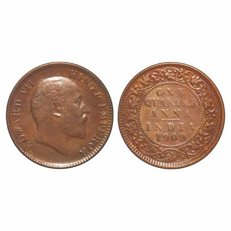 Edward VII, Bronze, Quarter Anna, 1909, Calcutta mInt, No mint mark. F. Prid 654. GK 1001.