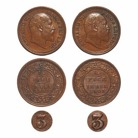 Edward VI, Copper, 1/2 Pice, 1903, (2 coins), Calcutta Mint, No mint mark, 1) Normal numer
