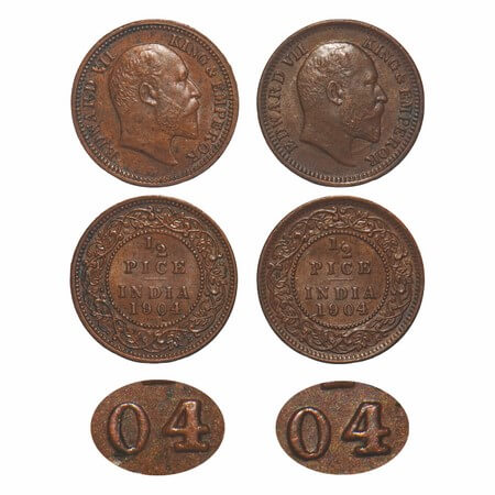 Edward VI, Copper, 1/2 Pice, 1904, (2 coins), Calcutta Mint, No mint mark, 1) Thick numera