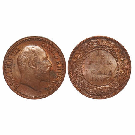 Edward VII, Copper, 1/2 Pice, 1905, Calcutta Mint, No mint mark, Complete skull ghost on R