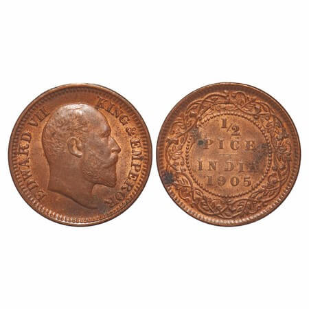 Edward VII, Copper, 1/2 Pice, 1905, Calcutta Mint, No mint mark, Ghost on Rev. F. Prid 738