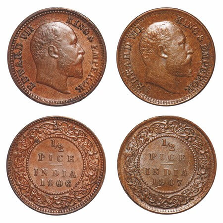 Edward VII, Mix-Metal, (2 coins), 1/2 Pice, 1) Copper, 1906, Calcutta Mint, No mint mark, 