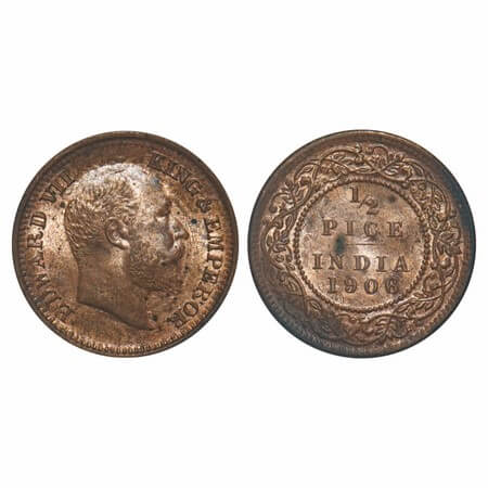 Edward VI, Bronze, 1/2 Pice, 1906, (2.5 gm), Calcutta Mint, No mint mark. F. Prid 740. GK 