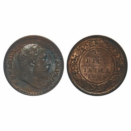 Edward VI, Bronze, 1/2 Pice, 1909, Calcutta Mint, No mint mark, Complete skull ghost on Re