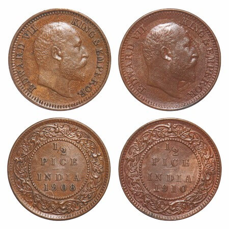 Edward VII, Bronze, 1/2 Pice, (2 coins), 1908, 1910, Calcutta Mint, No mint mark. F. Prid 