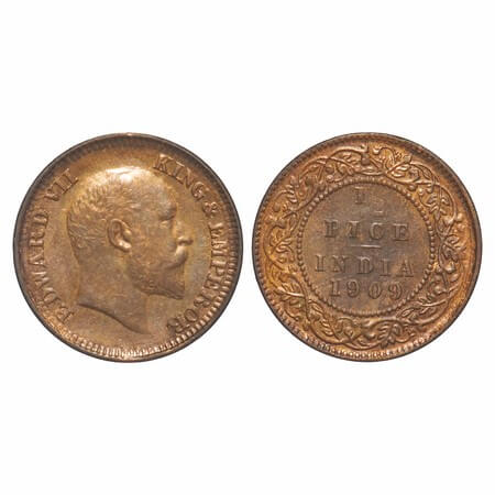 Edward VII, Bronze, 1/2 Pice, 1909, Calcutta Mint, No mint mark, Die crack on Rev. F. Prid