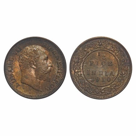 Edward VI, Bronze, 1/2 Pice, 1910, Calcutta Mint, No mint mark, Complete skull ghost on Re