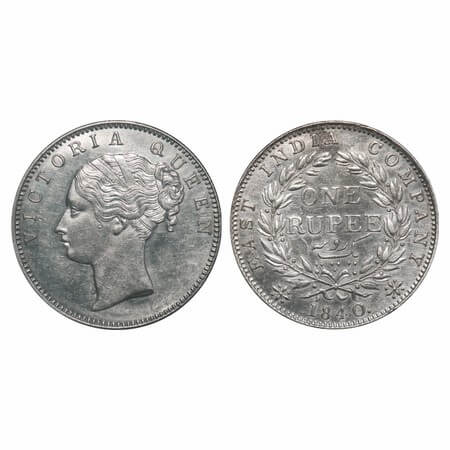 Victoria Queen, Silver, Rupee, 1840, CL, Calcutta Mint, A/II, English Head, With bud leave