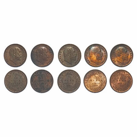 Edward VII, Mix-Metal, 1/12 Anna, (lot of 5 coins), 1) Copper, 1904, Calcutta Mint, No min