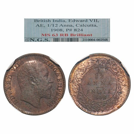 Edward VII, Bronze, 1/12 Anna, 1908, Calcutta Mint, No mint mark. F. Prid 824. GK 1018. NG