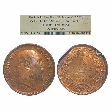 Edward VII, Bronze, 1/12 Anna, 1908, Calcutta Mint, No mint mark. F. Prid 824. GK 1018. NG