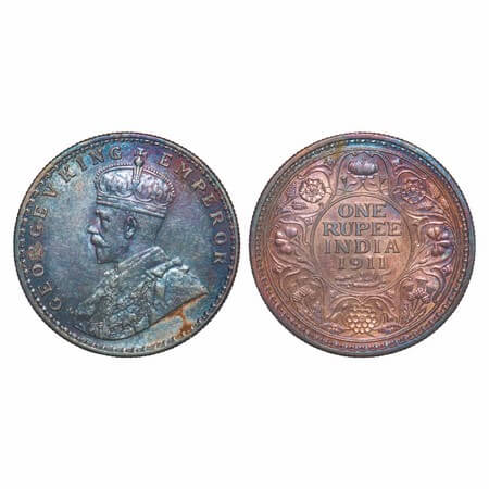 George V, Silver, Rupee, 1911, Calcutta Mint, No dot, Pig Type. F. Prid 207. GK 1021. Unci