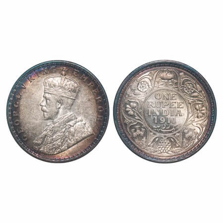 George V, Silver, Rupee, 1911, Calcutta Mint, No dot, Pig-Type. F. Prid 207. GK 1021. Unci
