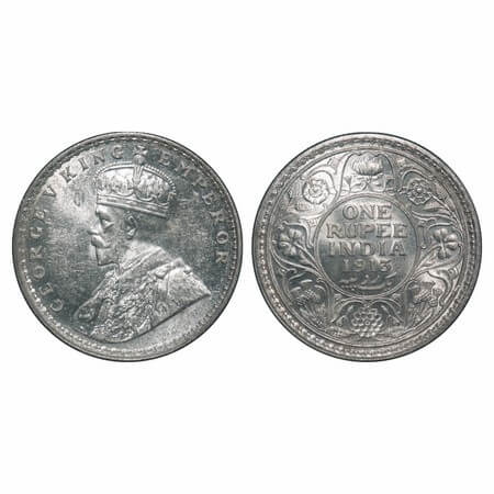 George V, Silver, Rupee, 1913, Calcutta Mint, No dot, Elephant. F. Prid 209. GK 1027. Bril
