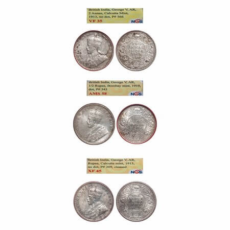 George V, Silver, (3 coins), 1) Rupee, 1913, Calcutta Mint, No dot, Elephant, 2) Half Rupe
