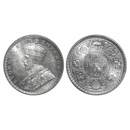 George V, Silver, Rupee, 1914, Calcutta Mint, No dot, Elephant. F. Prid 210. GK 1029. Bril