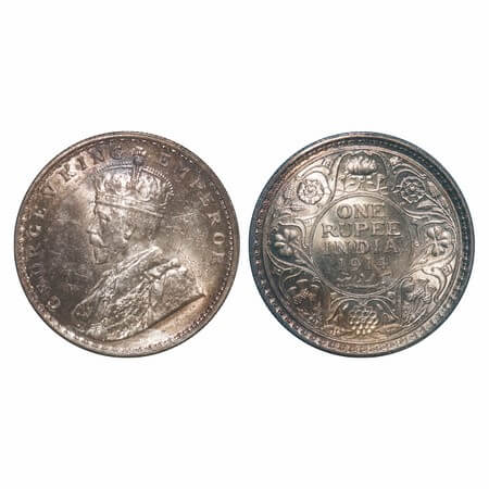 George V, Silver, Rupee, 1914, Calcutta Mint, No dot, Elephant. F. Prid 210. GK 1029. Unci