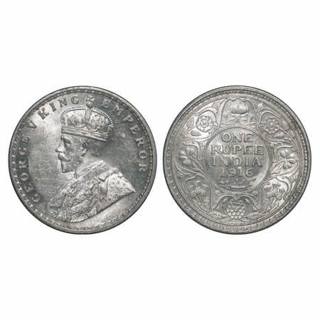 George V, Silver, Rupee, 1916, Calcutta Mint, No dot, Elephant. F. Prid 212. GK 1033. Unci